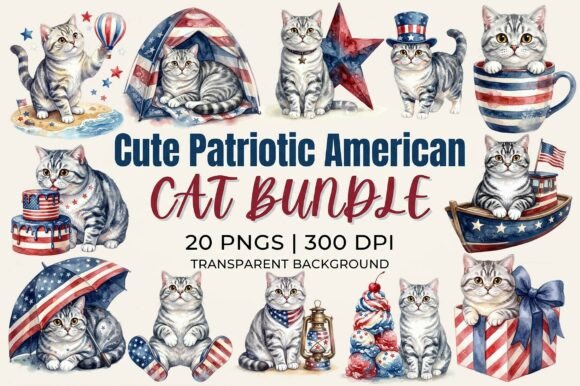 Adorable Patriotic American Cat Clipart Bundle