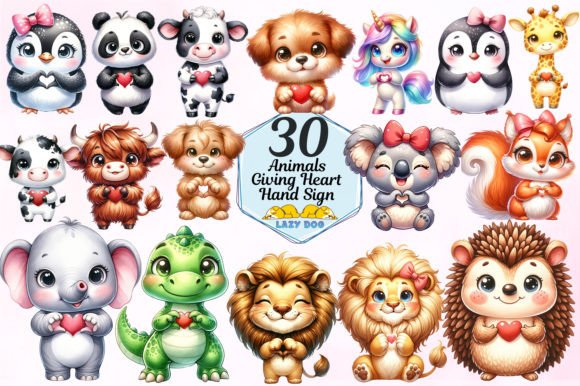 Animals Giving Heart Hand Sign Bundle: Creative Design Asset