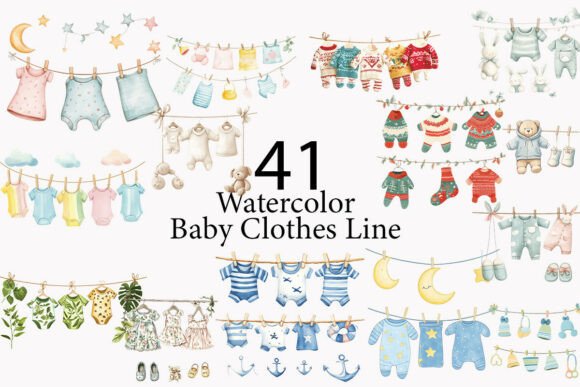 Charming Baby Clothes Line Watercolor Clipart for Designs