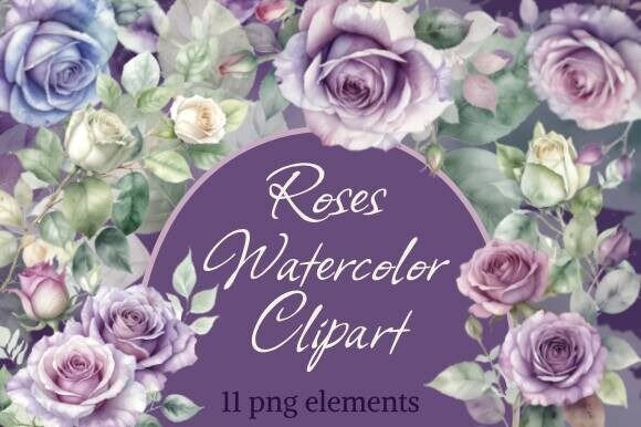 Elegant Watercolor Roses & Lilac Flowers Clipart Set