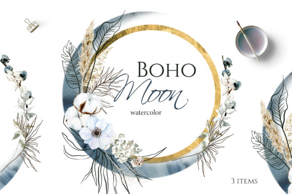 Enchanting Boho Round Floral Frame with Blue Moon for Designs