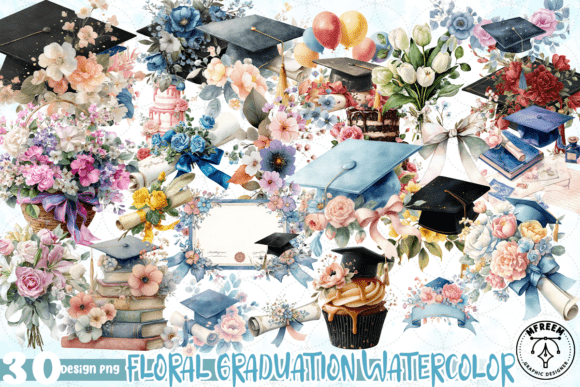 Floral Graduation Watercolor PNG: Design Assets for Celebrations