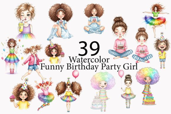 Funny Birthday Party Girl Bundle Clipart: Creative Design Assets
