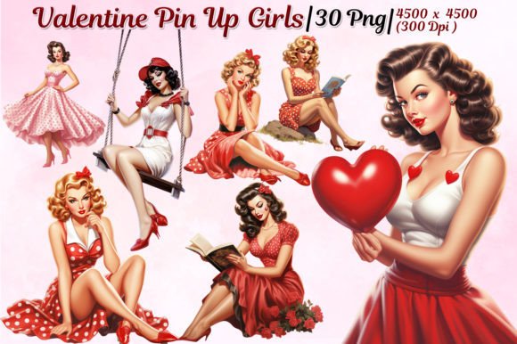 Valentine Pin Up Girl Watercolor Clipart for Creative Projects