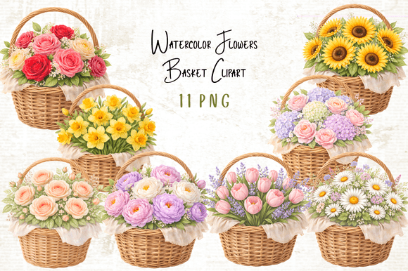 Watercolor Flowers Basket Clipart PNG: A Designer's Delight